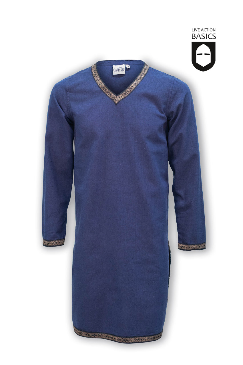 A stylish blue tunic featuring intricate tan line designs along the neckline, cuffs, and hem, ideal for versatile outfit combinations.