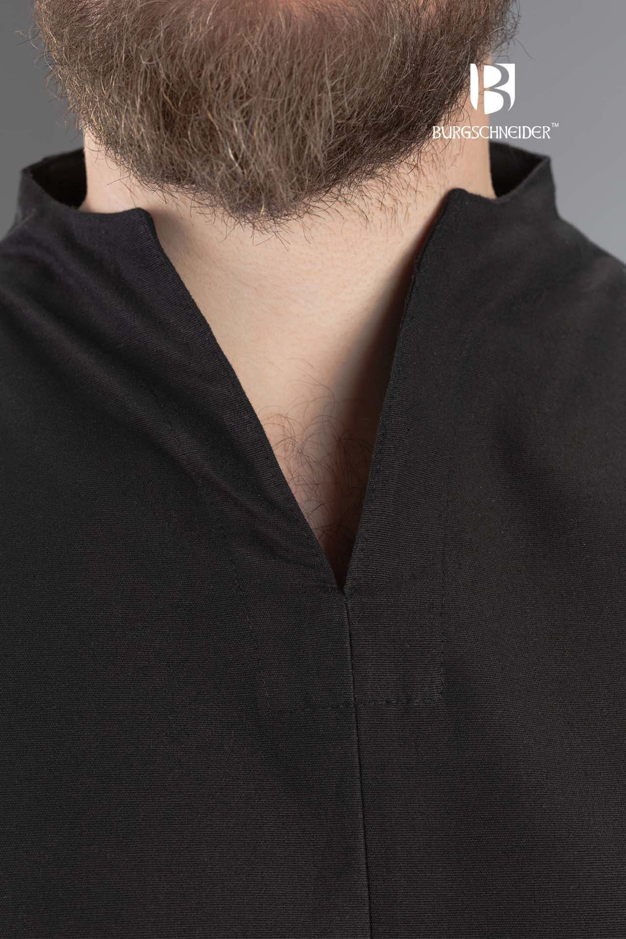 A stylish black tunic with side slits, made from pure cotton, designed for comfort and freedom of movement, ideal for historical reenactments.