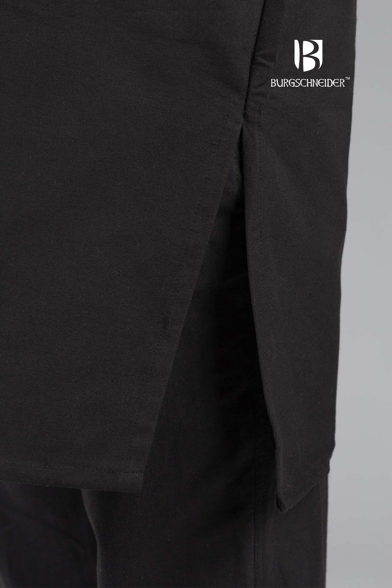 A stylish black tunic with side slits, made from pure cotton, designed for comfort and freedom of movement, ideal for historical reenactments.