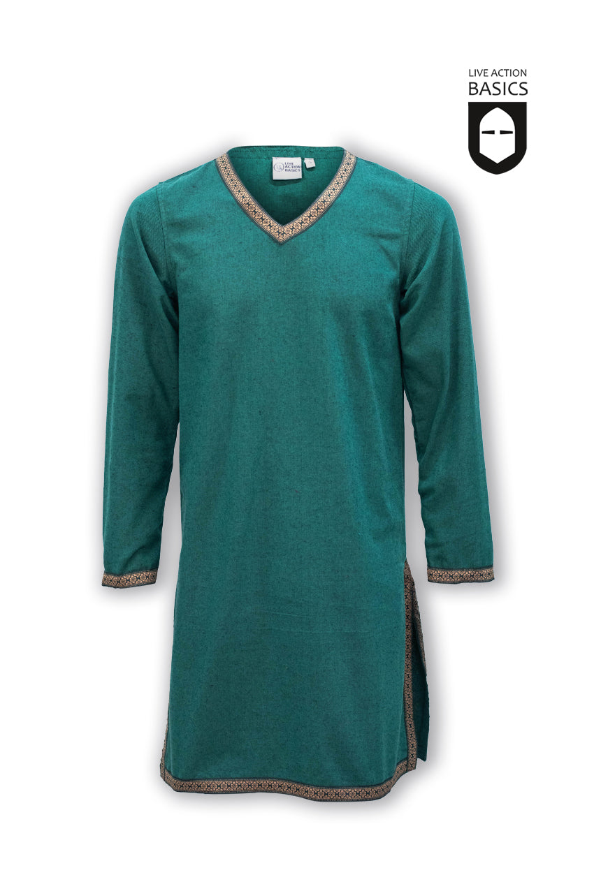 A stylish green tunic featuring side slits and intricate tan lines at the neckline, cuffs, and hem, perfect for character portrayals.