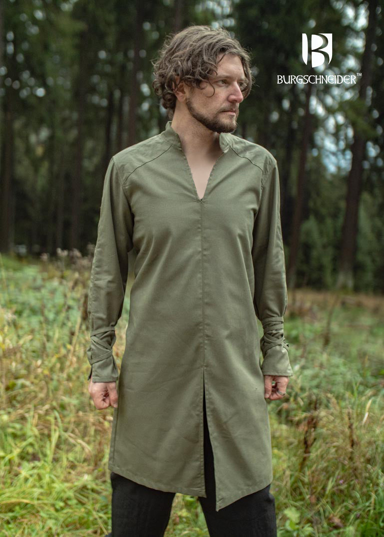 The Thereon Tunic in Seaweed, featuring long sleeves, quilted shoulders, and a v-shaped neckline, perfect for fantasy costumes.