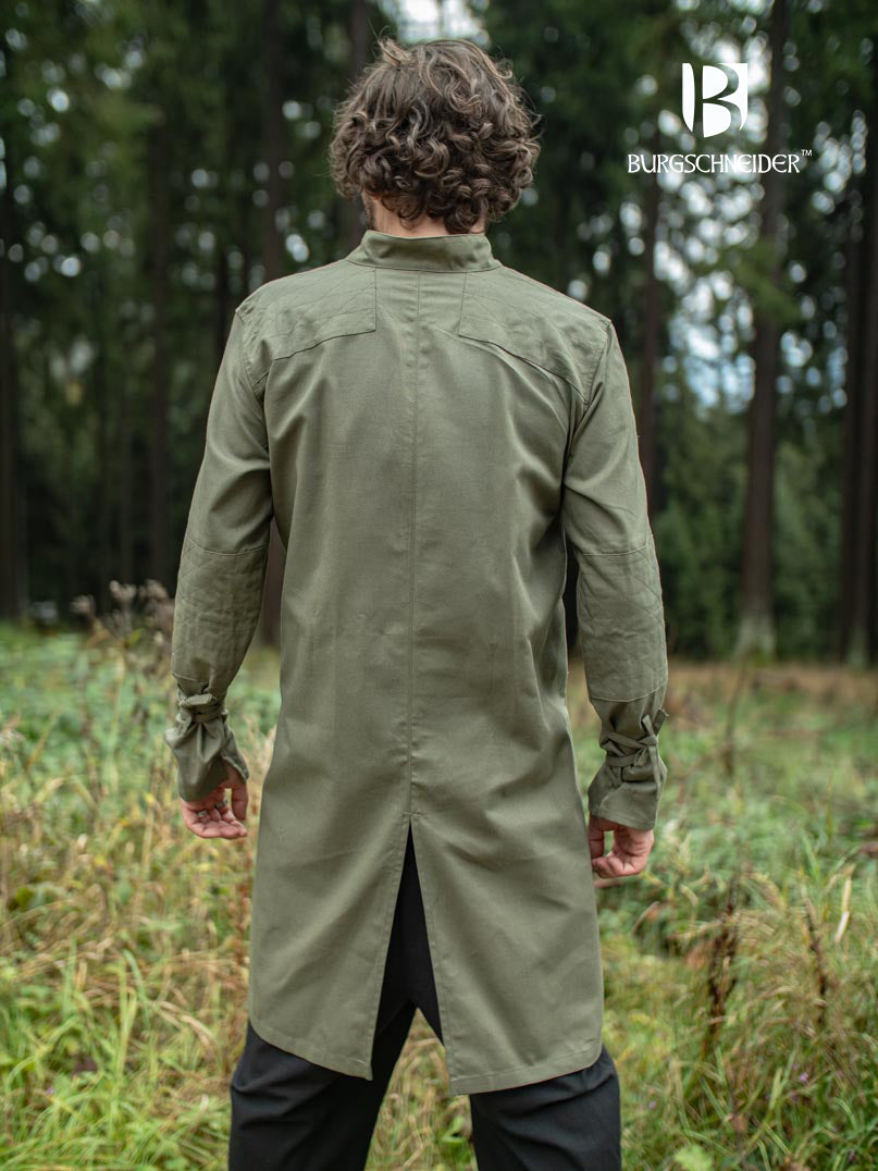 The Thereon Tunic in Seaweed, featuring long sleeves, quilted shoulders, and a v-shaped neckline, perfect for fantasy costumes.