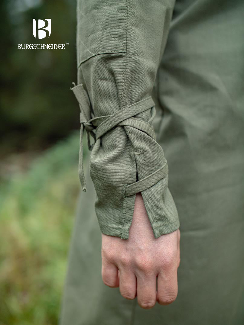 The Thereon Tunic in Seaweed, featuring long sleeves, quilted shoulders, and a v-shaped neckline, perfect for fantasy costumes.