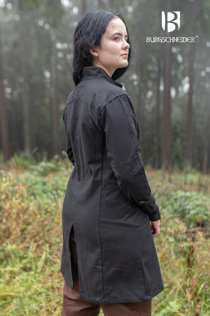 Tunic Theresa Black featuring laced ribbon sleeves and reinforced shoulders, made from breathable cotton, ideal for medieval events.