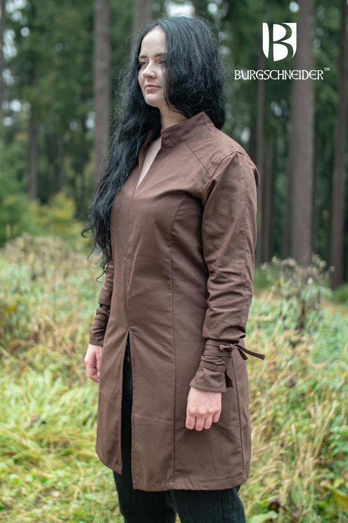 Brown Theresa Tunic from the Ranger Collection, featuring laced ribbon sleeves and reinforced shoulders, ideal for medieval events.