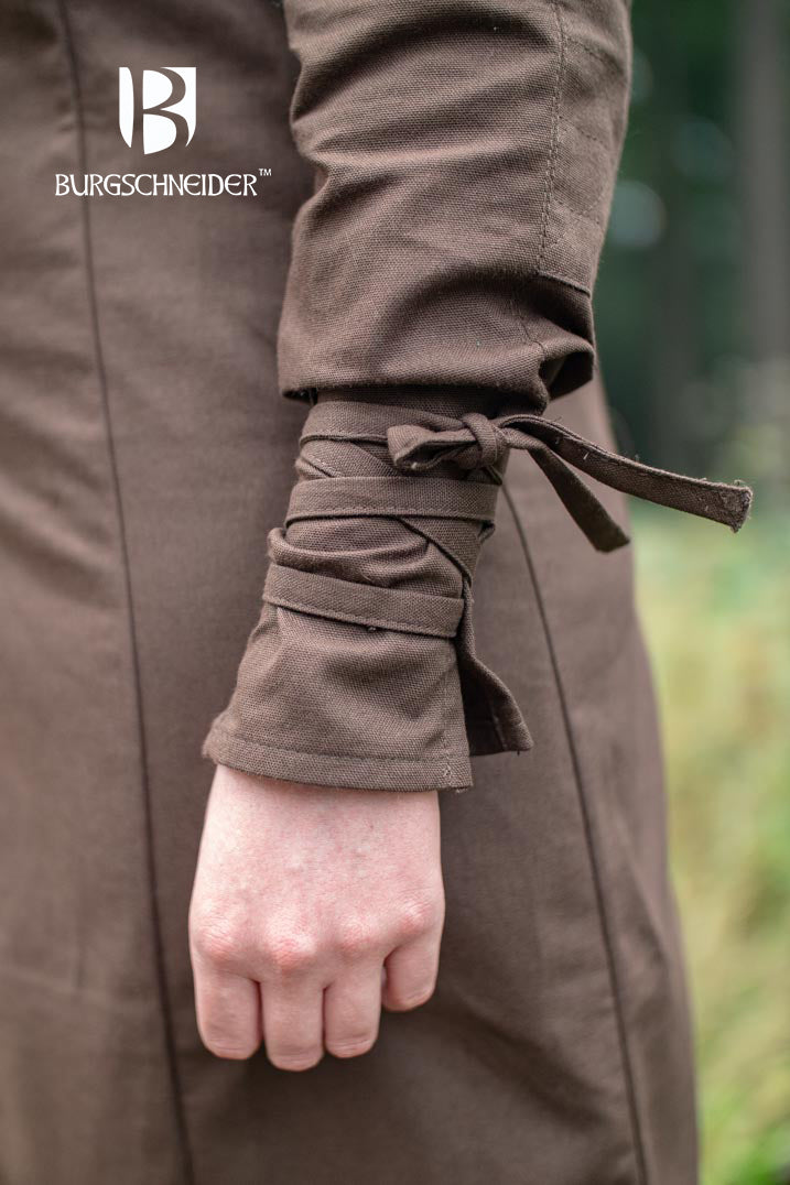 Brown Theresa Tunic from the Ranger Collection, featuring laced ribbon sleeves and reinforced shoulders, ideal for medieval events.