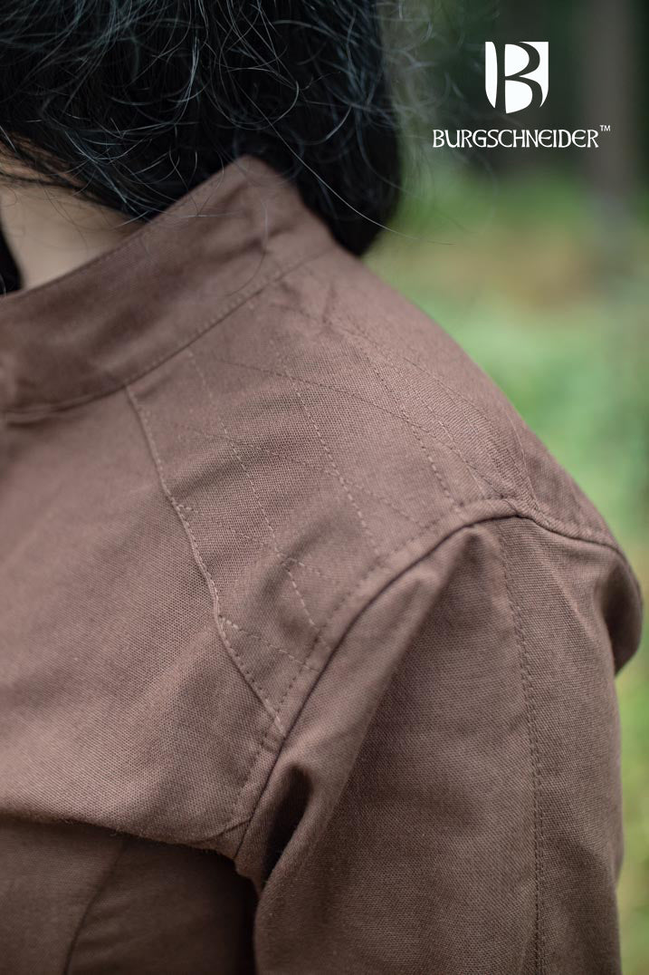 Brown Theresa Tunic from the Ranger Collection, featuring laced ribbon sleeves and reinforced shoulders, ideal for medieval events.