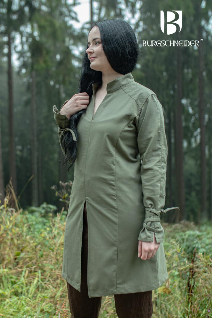 Theresa Tunic in Seaweed color, featuring long sleeves with laced ribbons and reinforced shoulders, perfect for medieval events.