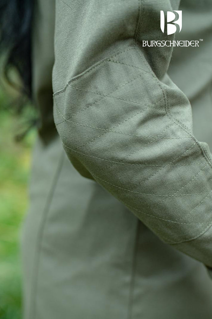 Theresa Tunic in Seaweed color, featuring long sleeves with laced ribbons and reinforced shoulders, perfect for medieval events.