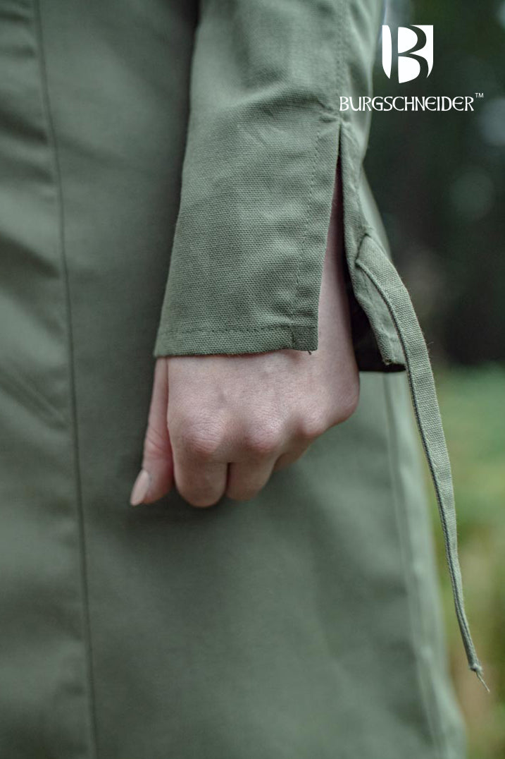 Theresa Tunic in Seaweed color, featuring long sleeves with laced ribbons and reinforced shoulders, perfect for medieval events.