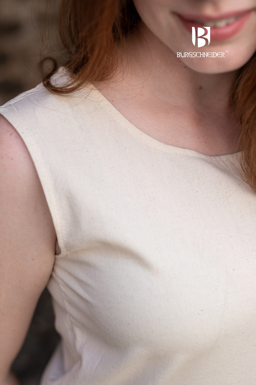 Aveline Natural Under Dress, sleeveless with wide straps and round neckline, perfect for summer layering.