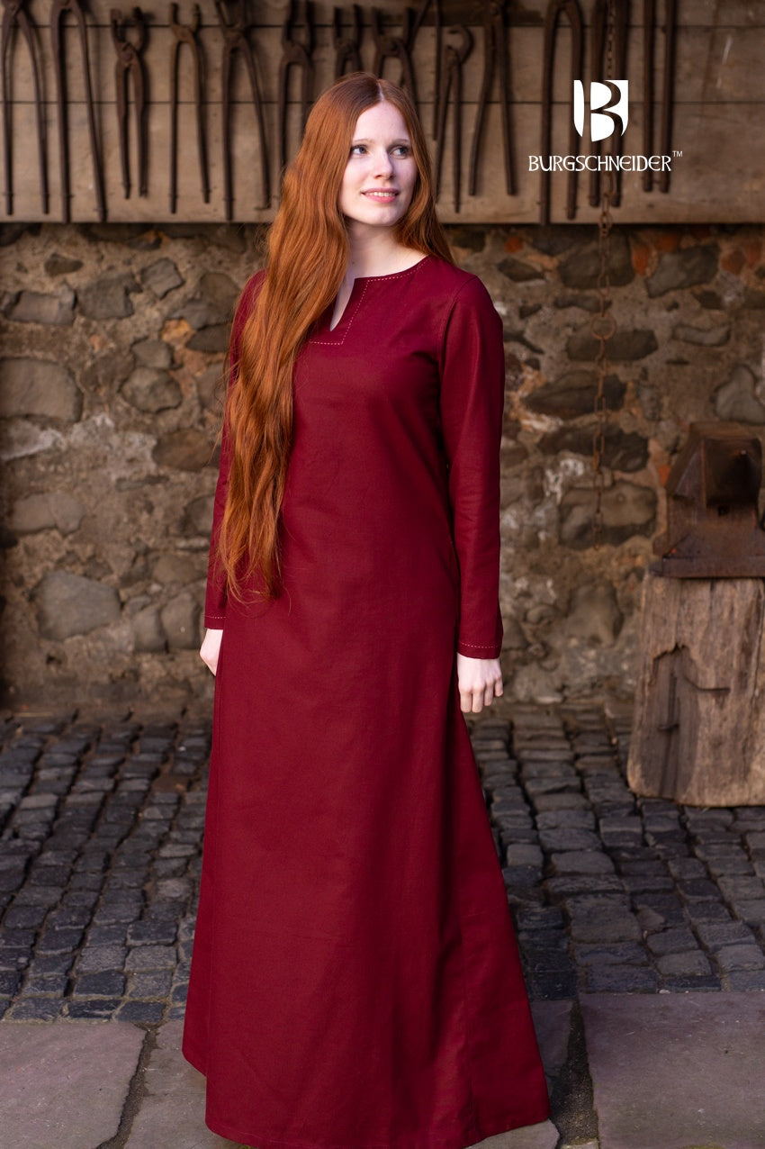 A medieval long-sleeved undergarment in rich bordeaux color, featuring decorative seams on the collar and sleeves, perfect for layering.