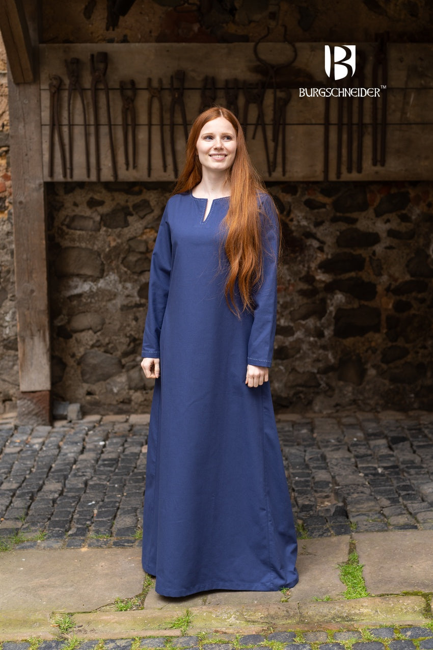 A medieval long-sleeved undergarment in dark blue, featuring decorative seams on the collar and sleeves, perfect for layering.