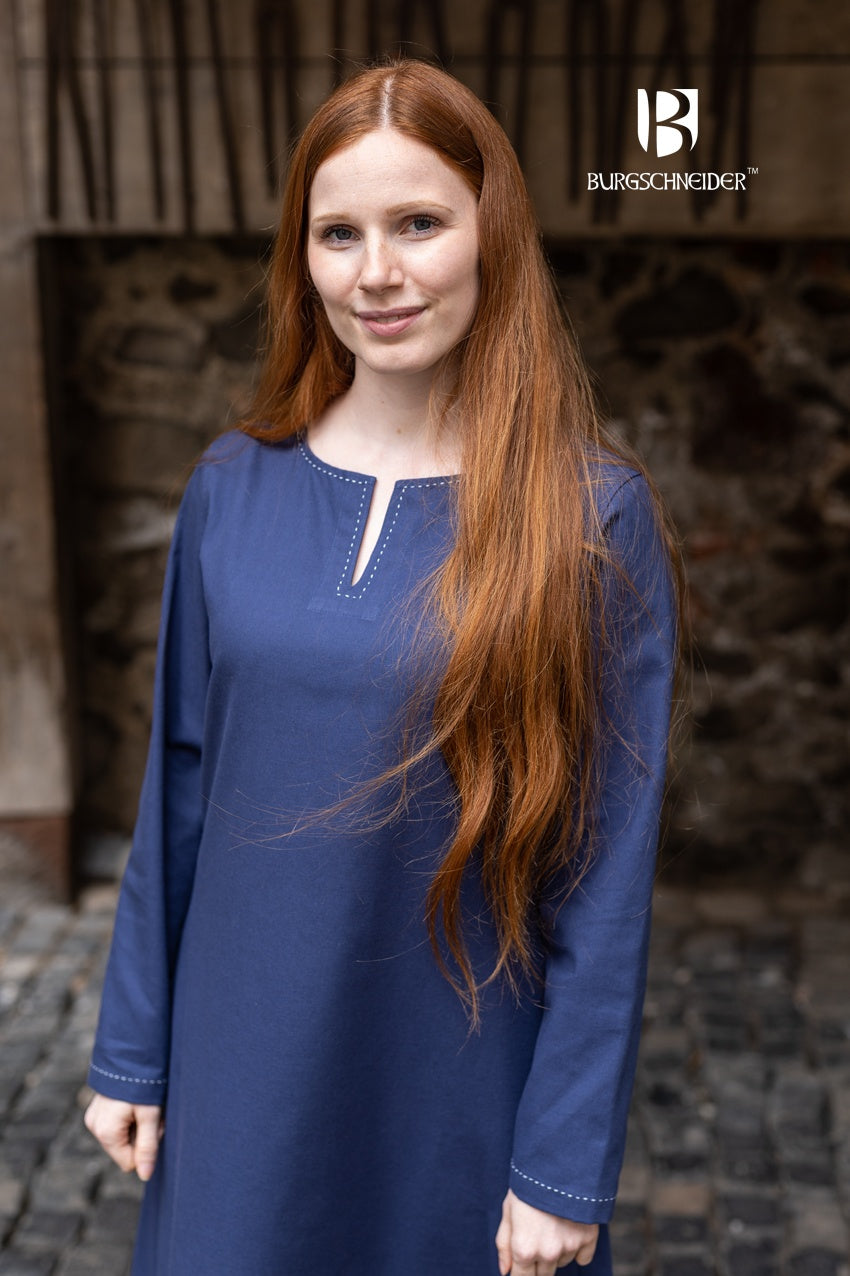 A medieval long-sleeved undergarment in dark blue, featuring decorative seams on the collar and sleeves, perfect for layering.