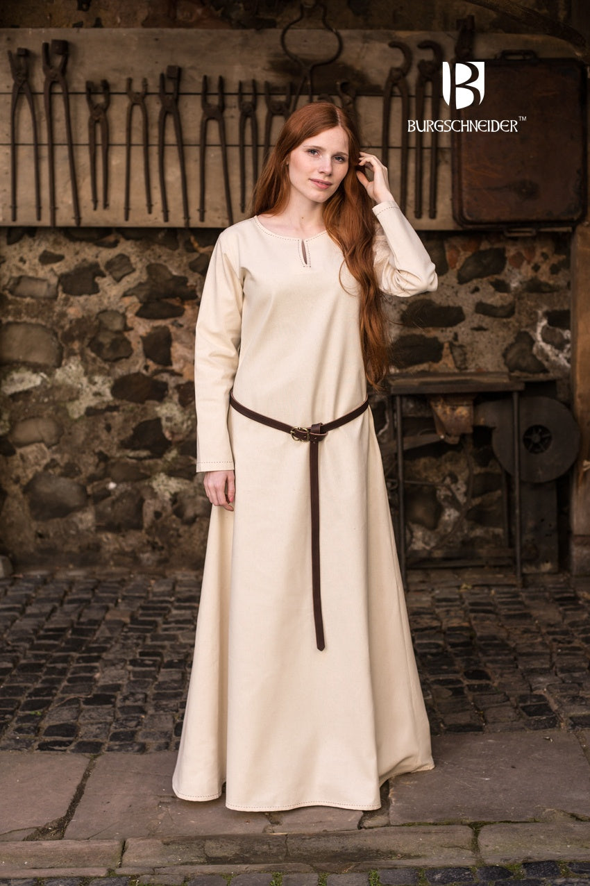 A medieval long-sleeved underdress in natural fabric, featuring decorative seams on the collar and sleeves, perfect for layering.