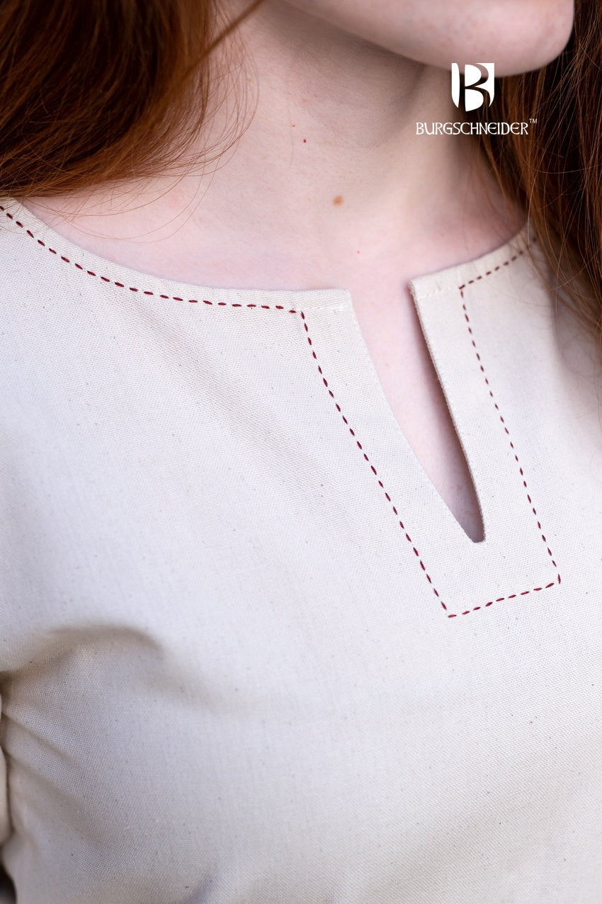 A medieval long-sleeved underdress in natural fabric, featuring decorative seams on the collar and sleeves, perfect for layering.