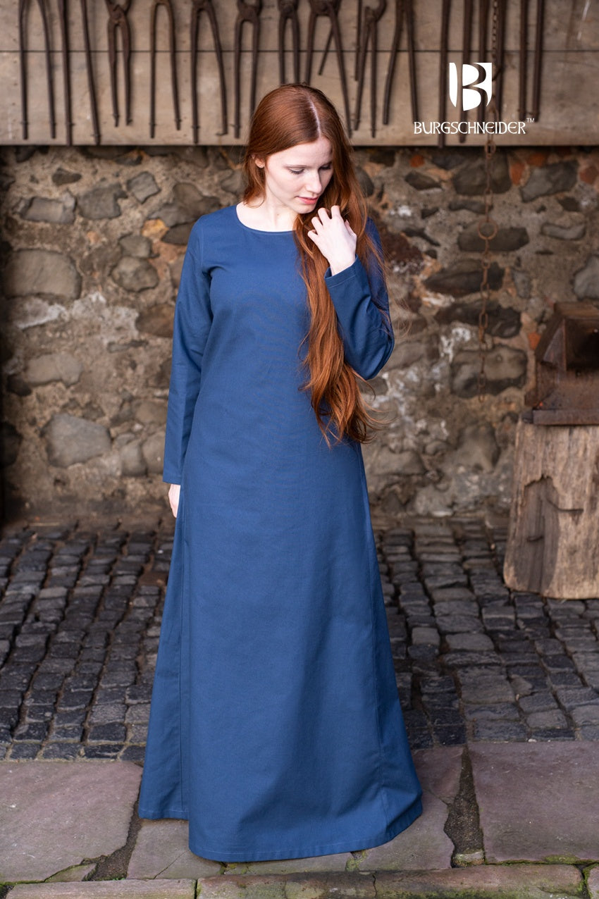 Under Dress Freya in Woad Blue, showcasing its rustic texture and elegant design, perfect for summer wear.
