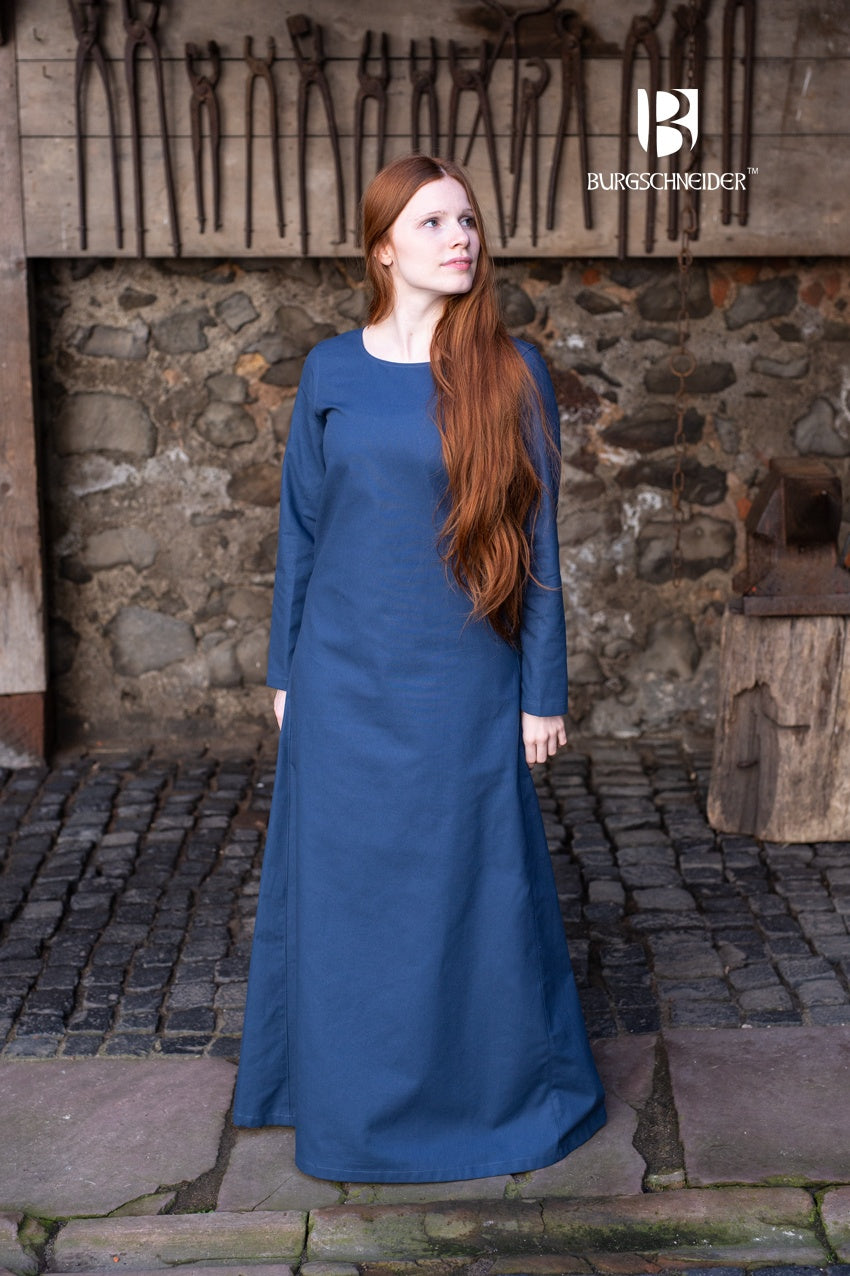 Under Dress Freya in Woad Blue, showcasing its rustic texture and elegant design, perfect for summer wear.