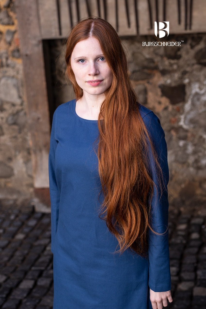 Under Dress Freya in Woad Blue, showcasing its rustic texture and elegant design, perfect for summer wear.