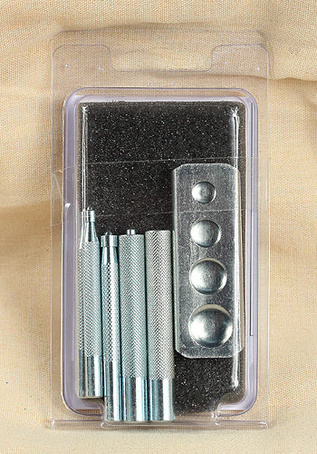 Universal Manual Punch Set Steel with six pieces for attaching rivets and snap fasteners, ideal for crafting LARP and medieval belts.