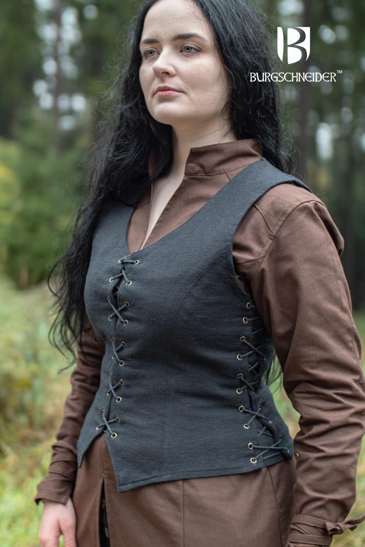 The Vest Marian Black, a sleeveless medieval bodice with a deep V-cut neckline, featuring side lacing and modesty panels, made from 100% cotton.