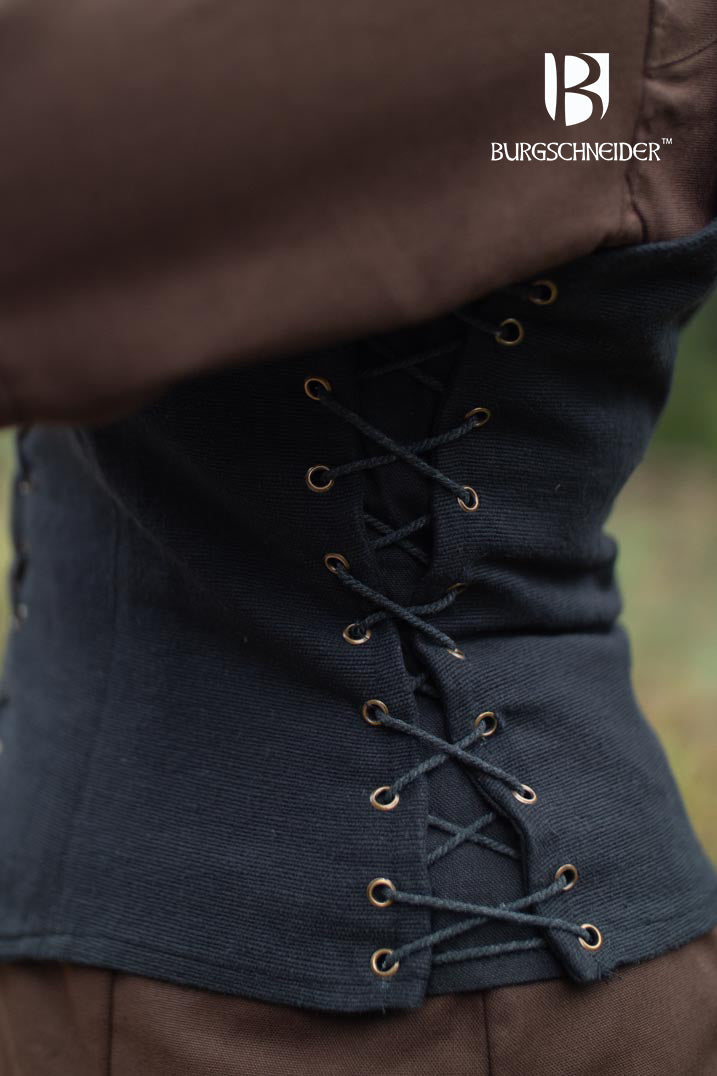 The Vest Marian Black, a sleeveless medieval bodice with a deep V-cut neckline, featuring side lacing and modesty panels, made from 100% cotton.