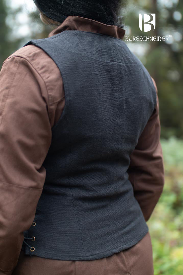 The Vest Marian Black, a sleeveless medieval bodice with a deep V-cut neckline, featuring side lacing and modesty panels, made from 100% cotton.