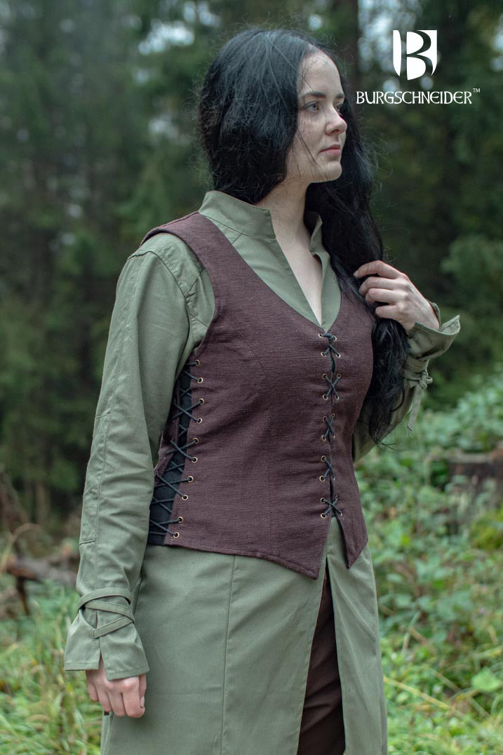 The Vest Marian Brown, a stylish medieval bodice with a deep V-cut neckline and side lacing, made of 100% cotton.