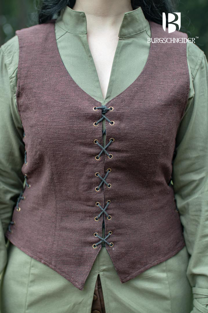 The Vest Marian Brown, a stylish medieval bodice with a deep V-cut neckline and side lacing, made of 100% cotton.