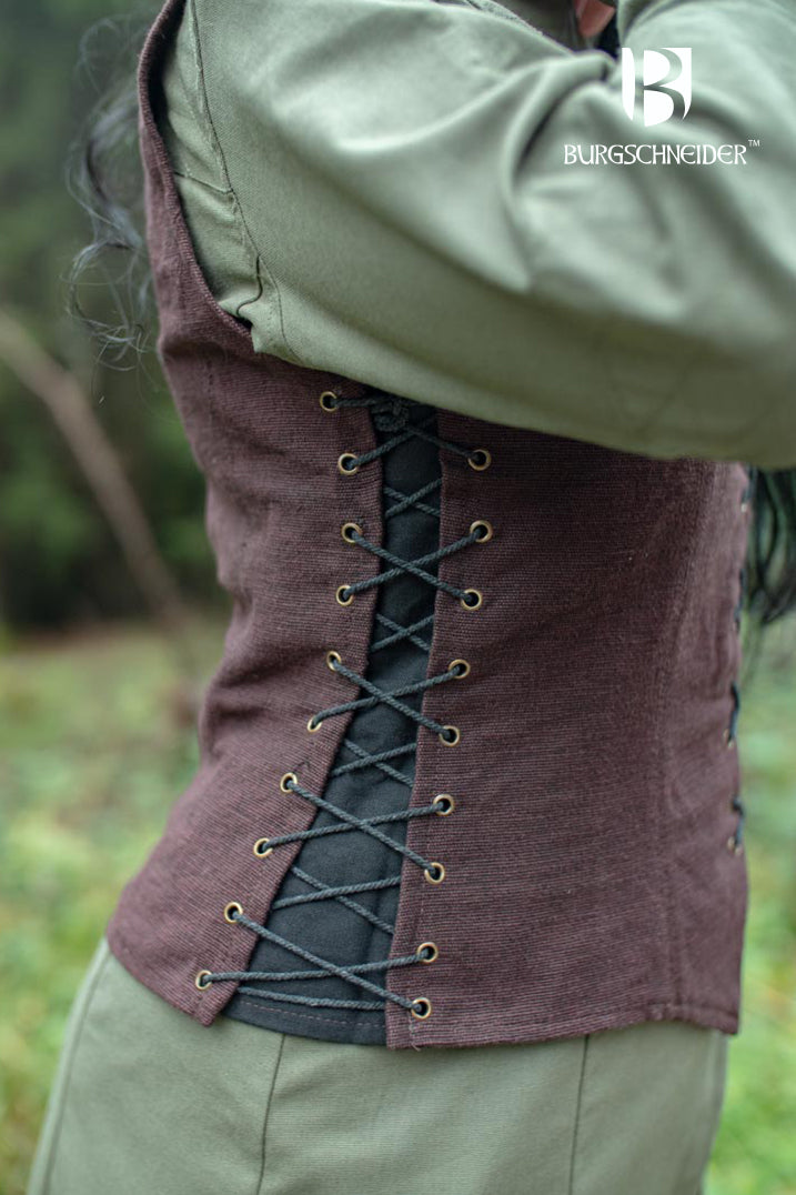 The Vest Marian Brown, a stylish medieval bodice with a deep V-cut neckline and side lacing, made of 100% cotton.