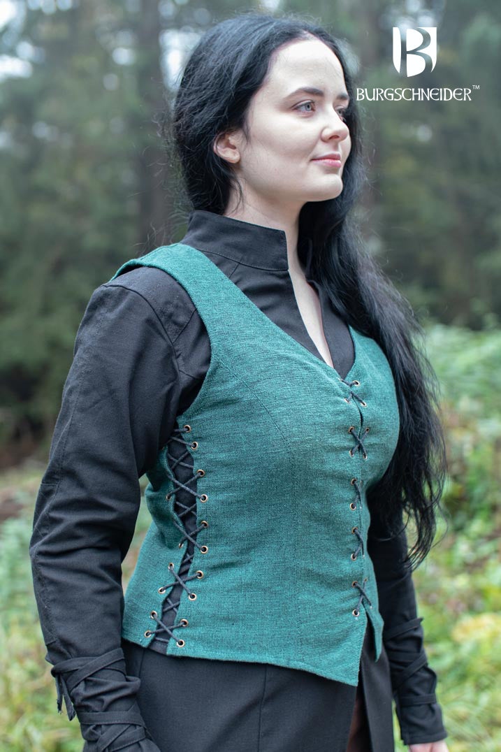 The Vest Marian Green, a sleeveless medieval bodice with a deep V-cut neckline, featuring side lacing and black modesty panels.