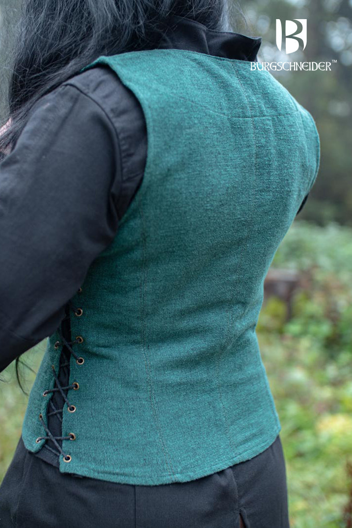 The Vest Marian Green, a sleeveless medieval bodice with a deep V-cut neckline, featuring side lacing and black modesty panels.