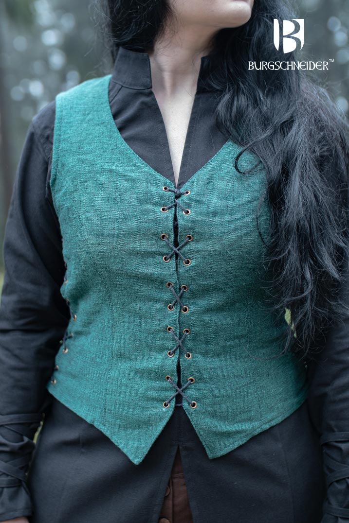 The Vest Marian Green, a sleeveless medieval bodice with a deep V-cut neckline, featuring side lacing and black modesty panels.