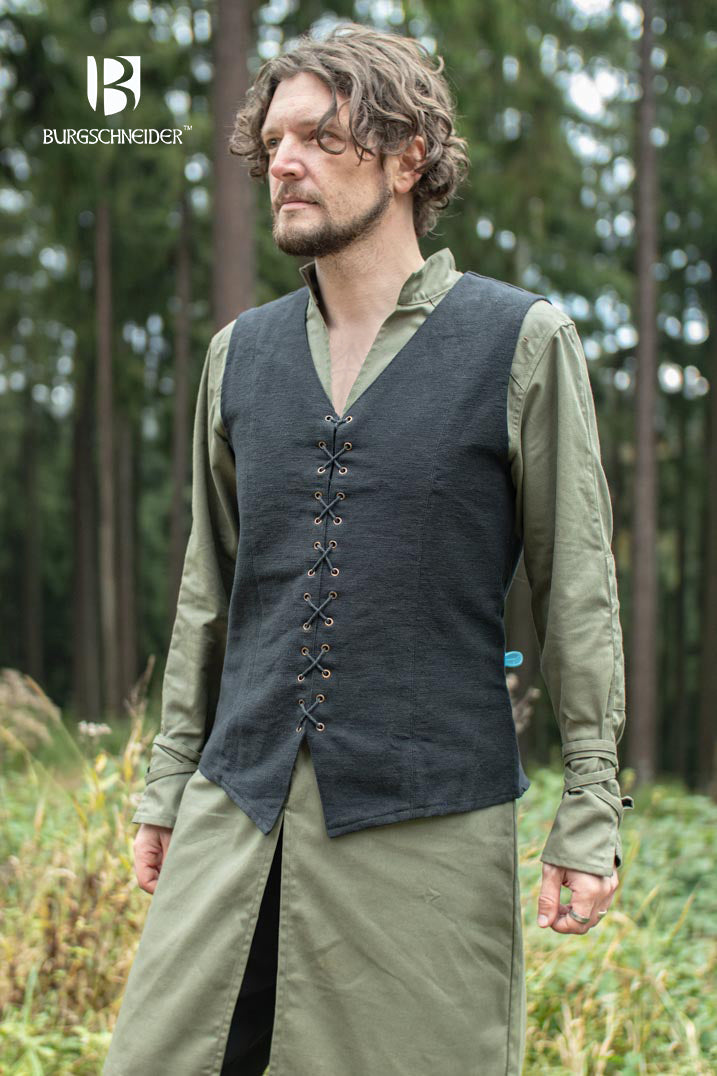 Maron Black Vest made from 100% cotton with deep V-cut neckline and front lacing, ideal for medieval fairs and LARP events.