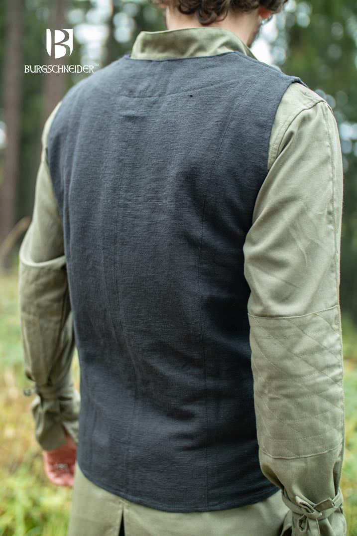 Maron Black Vest made from 100% cotton with deep V-cut neckline and front lacing, ideal for medieval fairs and LARP events.