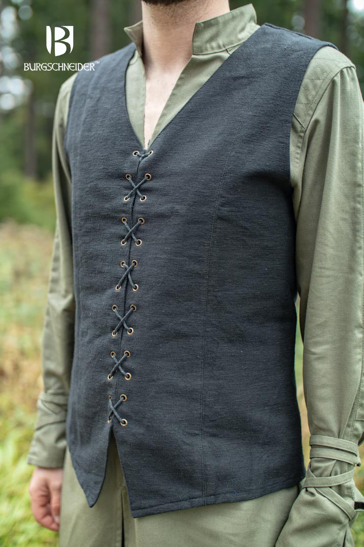 Maron Black Vest made from 100% cotton with deep V-cut neckline and front lacing, ideal for medieval fairs and LARP events.