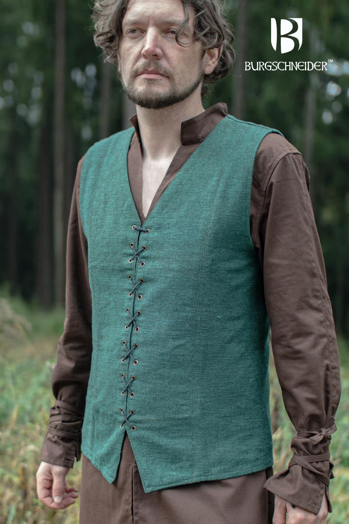 Maron Green Vest made of 100% cotton with deep V-cut neckline and front lacing, ideal for medieval fairs and LARP events.