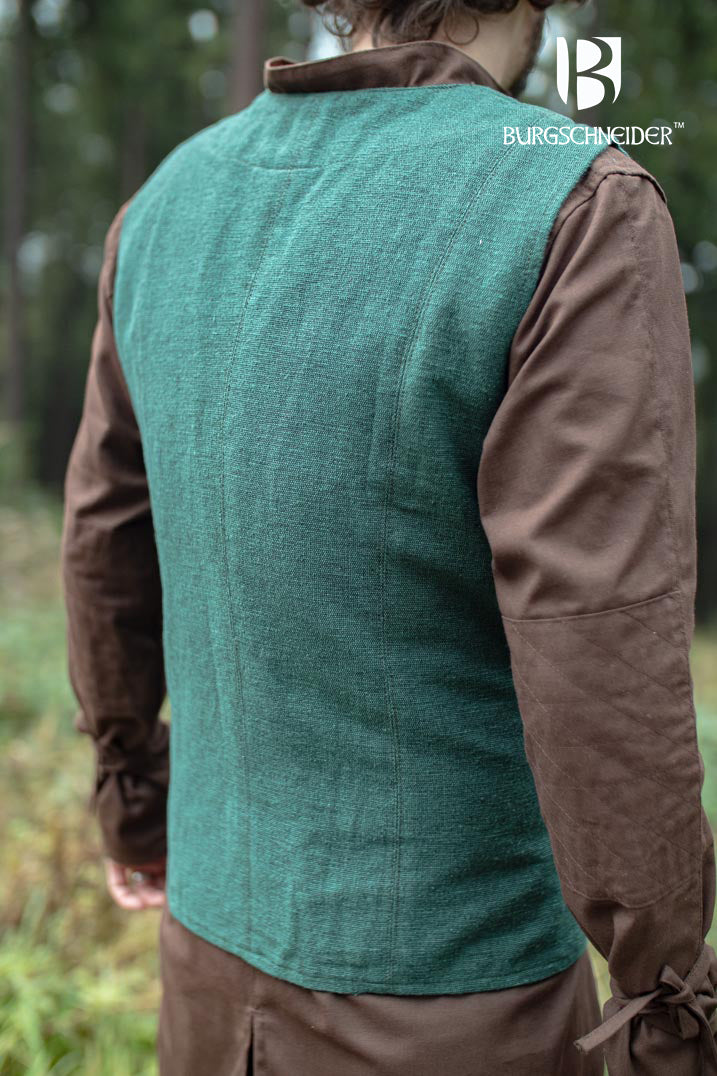 Maron Green Vest made of 100% cotton with deep V-cut neckline and front lacing, ideal for medieval fairs and LARP events.