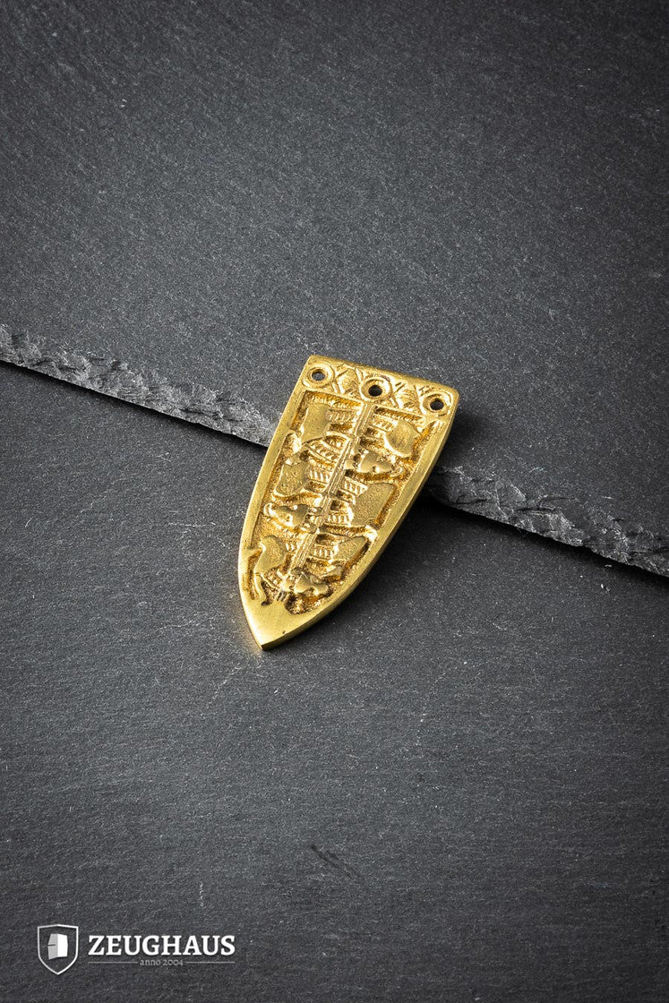 Viking 10th Century Strap End made of brass, designed for straps up to 30 mm, showcasing intricate historical craftsmanship.