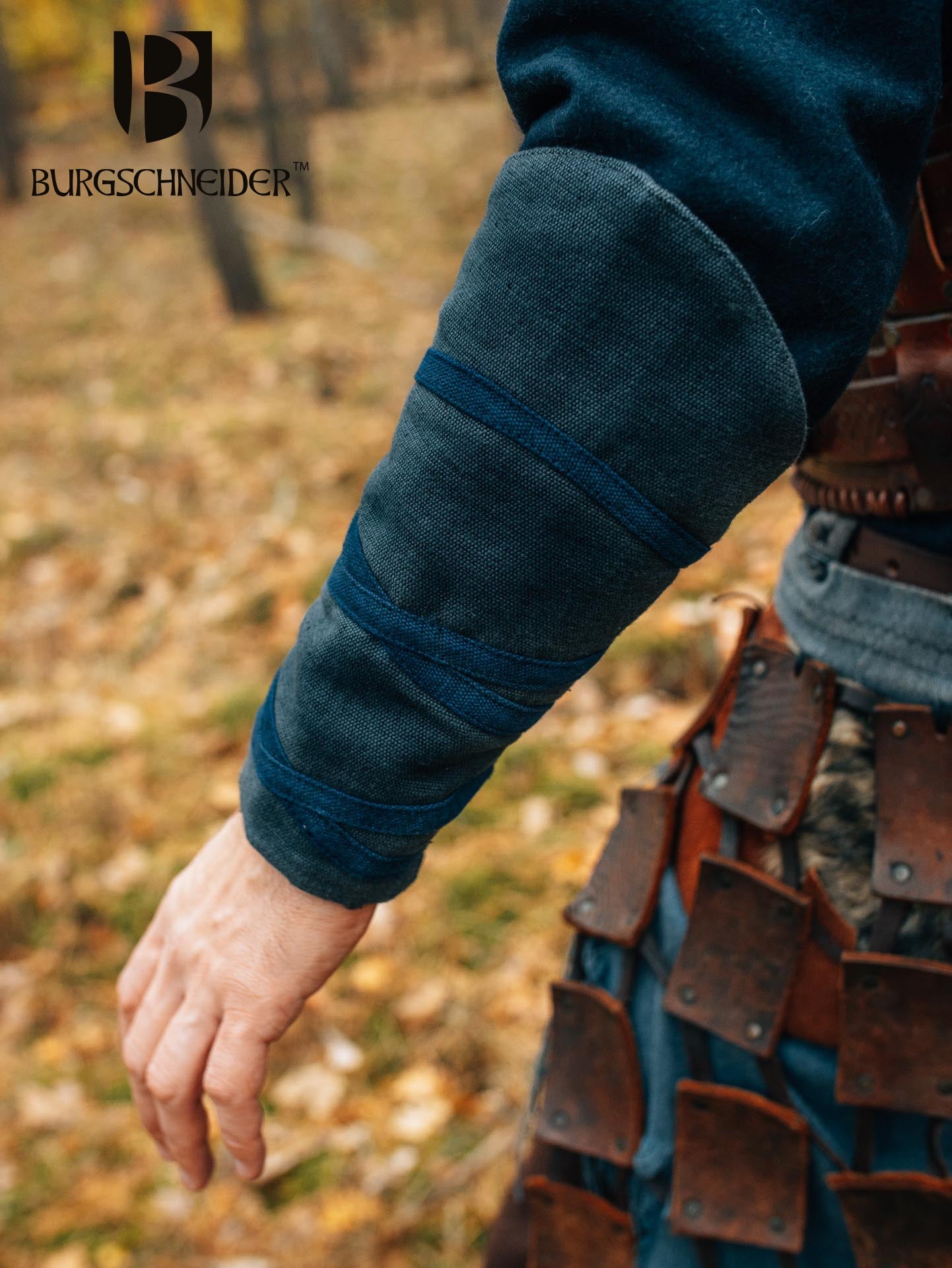 Viking Arm Protection Brim in Grey Blue featuring blue linework on gray cotton fabric, designed for costume enhancement.