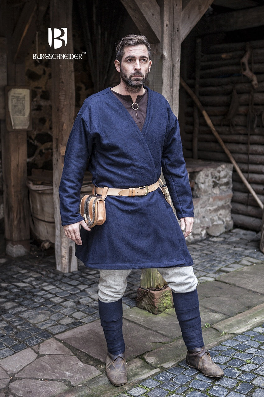 Viking Coat Loki in blue wool felt with imitation sheep's wool fur trim, showcasing authentic 10th-century design.