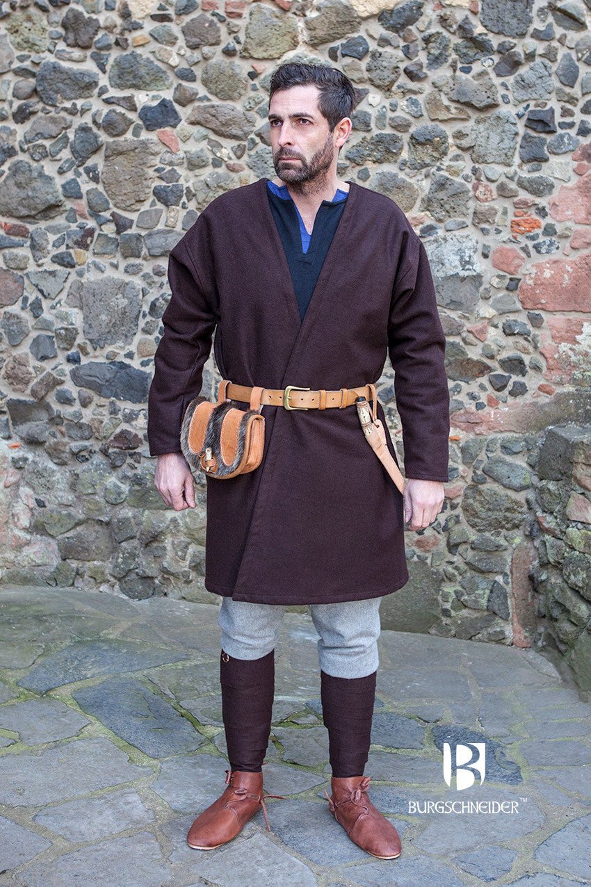 Viking Coat Loki in brown wool felt with imitation fur detailing, showcasing authentic 10th-century design.