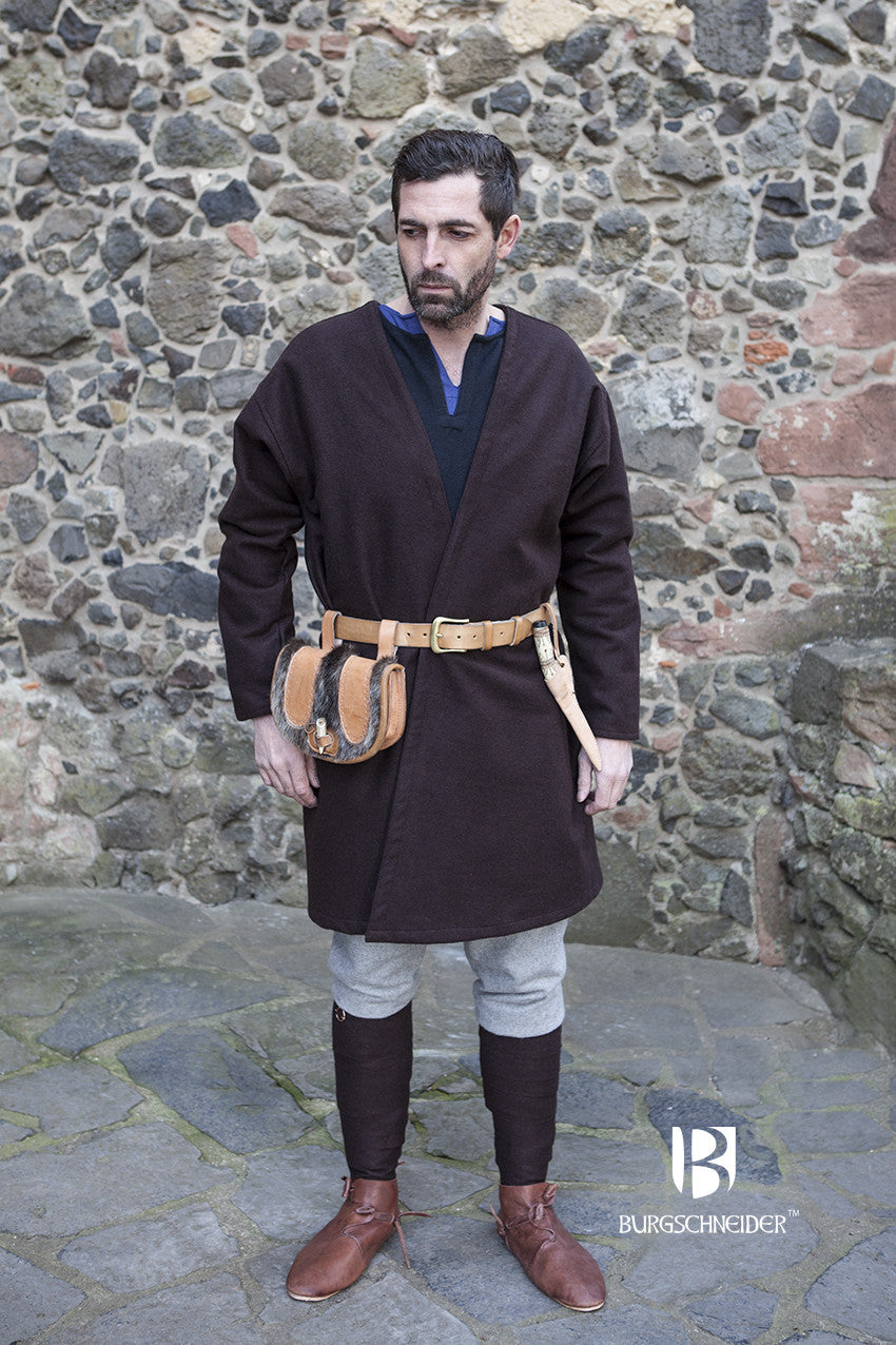 Viking Coat Loki in brown wool felt with imitation fur detailing, showcasing authentic 10th-century design.