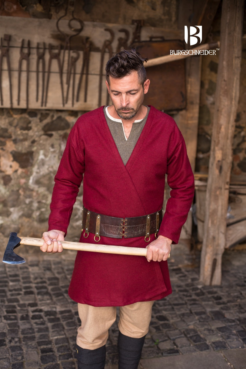 Viking Coat Loki in red wool felt with imitation fur accents, showcasing authentic 10th-century design.