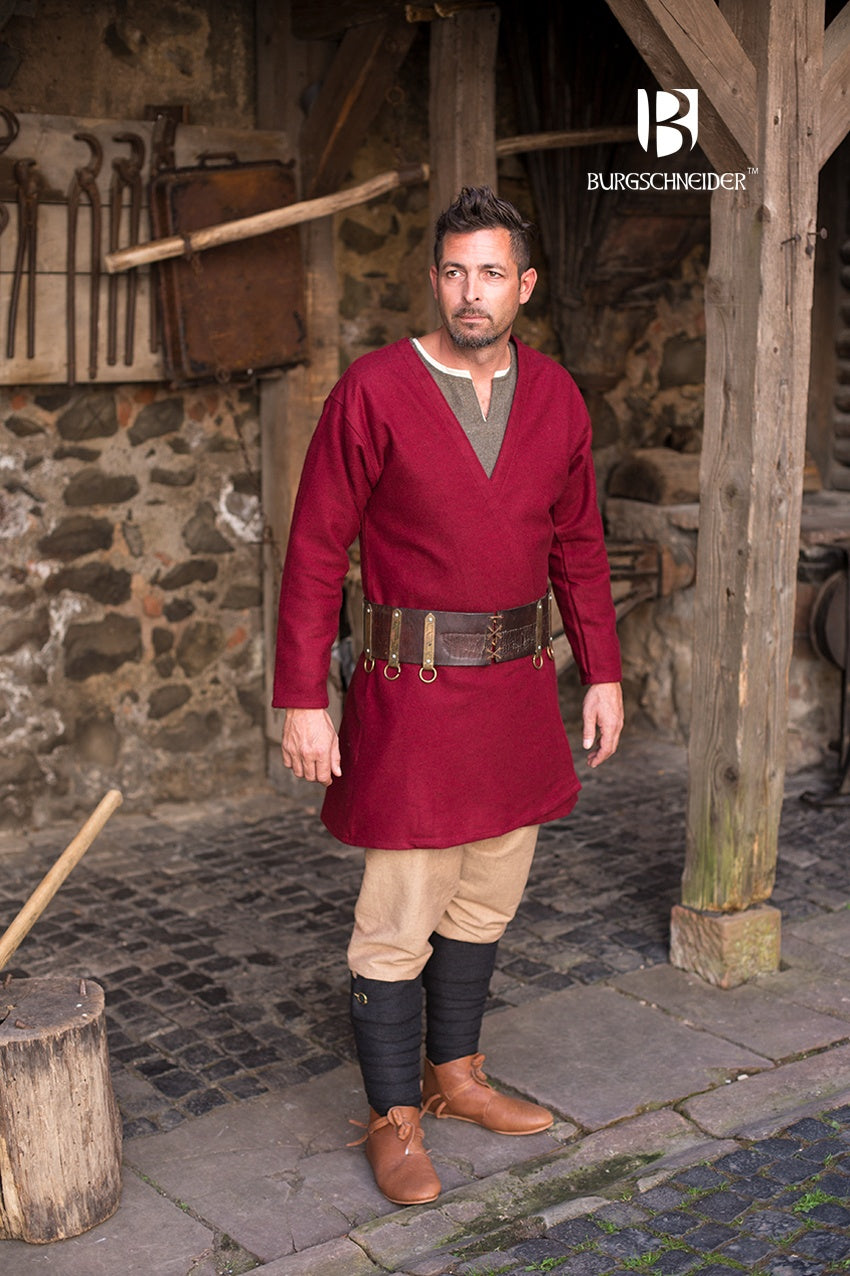 Viking Coat Loki in red wool felt with imitation fur accents, showcasing authentic 10th-century design.