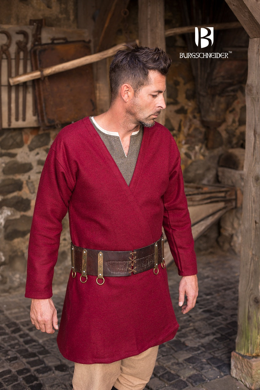 Viking Coat Loki in red wool felt with imitation fur accents, showcasing authentic 10th-century design.