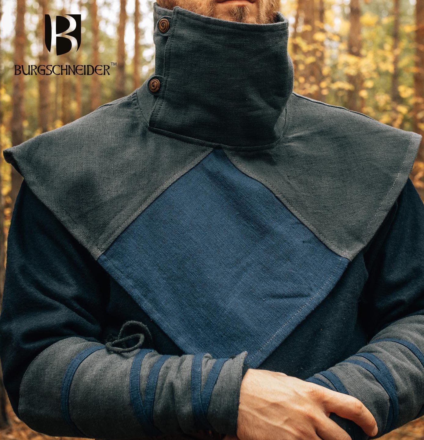 Vaskur Viking Collar in grey and blue, featuring a stylish design with button closure, made from 100% cotton.