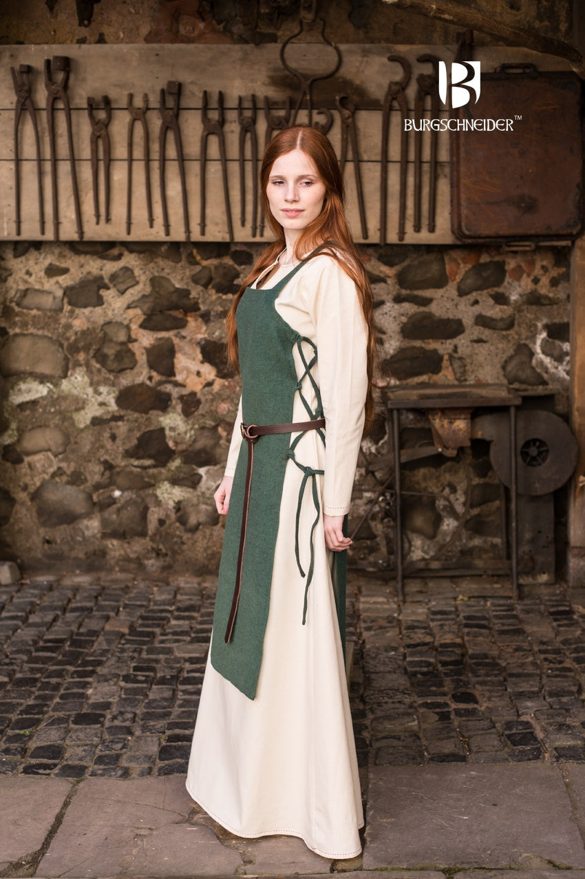 Viking Dress Gyda Green showcasing authentic medieval design with shoulder straps and side lacing.