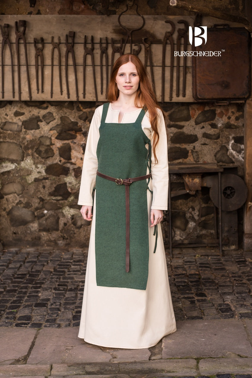 Viking Dress Gyda Green showcasing authentic medieval design with shoulder straps and side lacing.