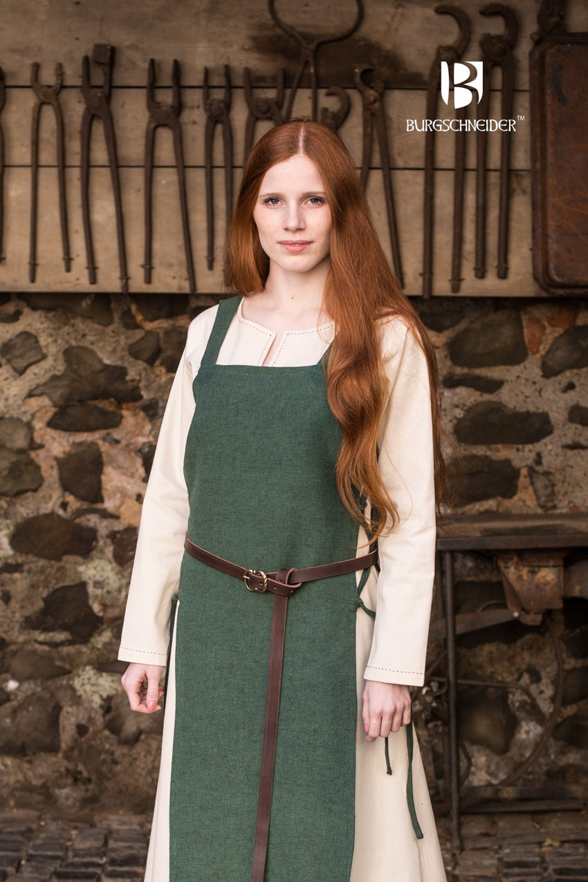 Viking Dress Gyda Green showcasing authentic medieval design with shoulder straps and side lacing.